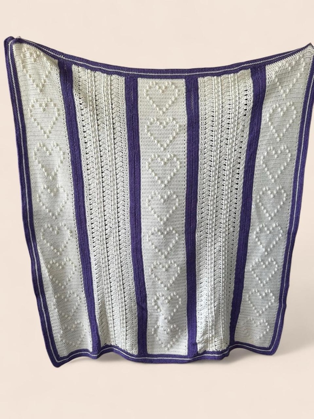Large Vintage Handmade Crochet Heart Afghan Blanket – White & Lavender